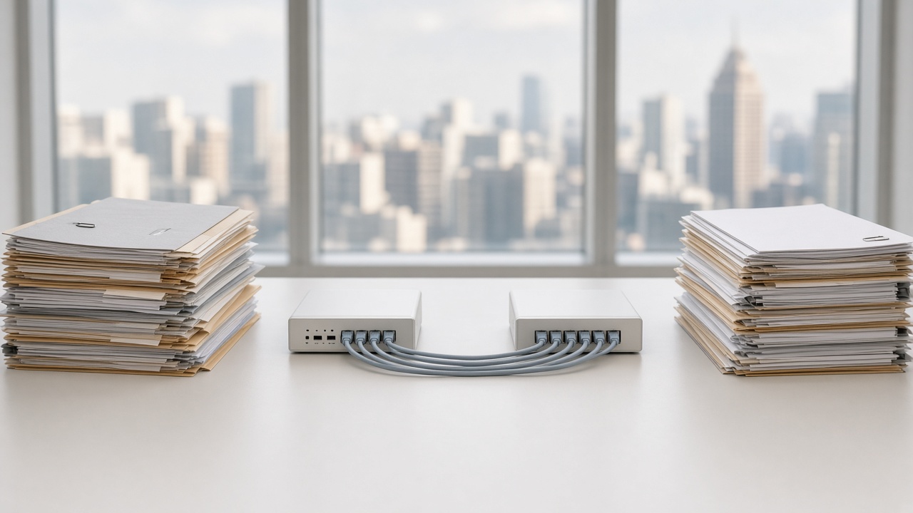 Dos grupos de carpetas unidos por un cable: el mayorista B2B conecta gestoras y bancos