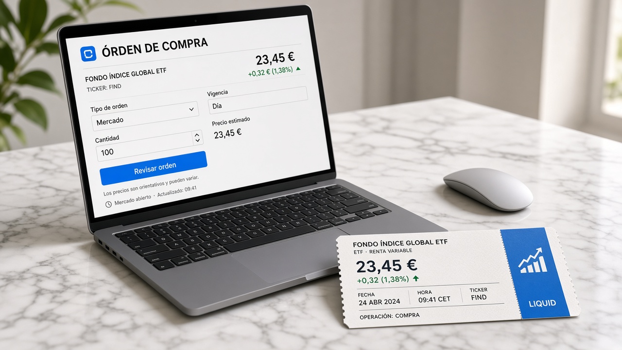Portátil con una orden de bolsa: el ETF es un fondo que cotiza como una acción