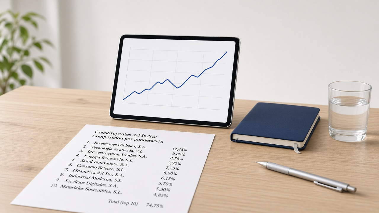 Mesa de trabajo con una lista de constituyentes de un índice, un gráfico y un cuaderno