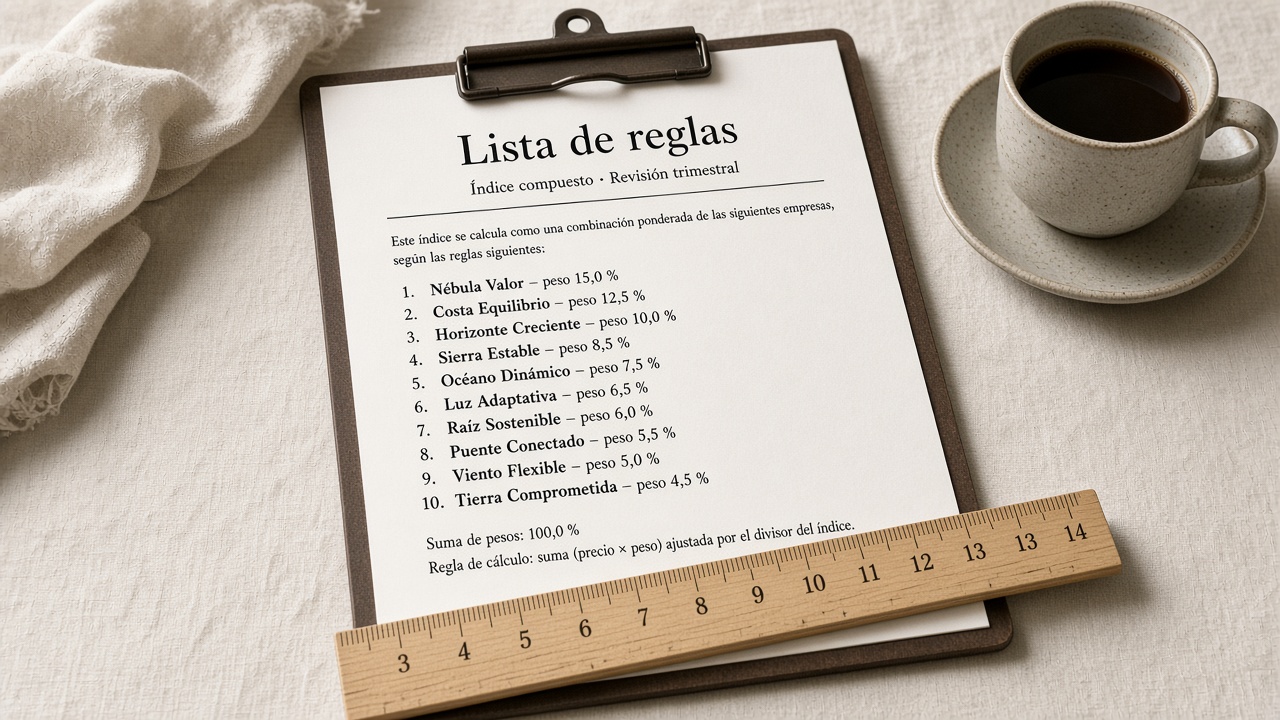 Lista impresa de reglas y ponderaciones: el índice es una receta, no un producto