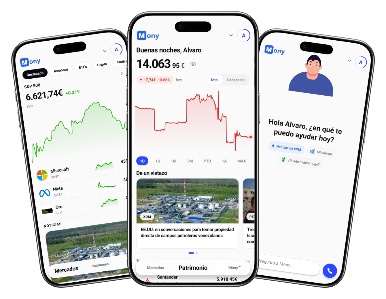 Tres pantallas de la app Mony: mercados, patrimonio y Mony