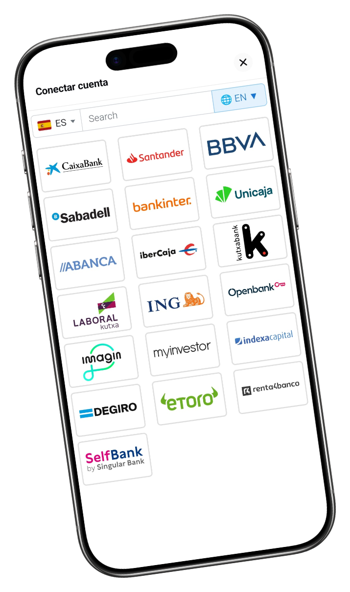 Pantalla para conectar cuentas: bancos y brókers españoles