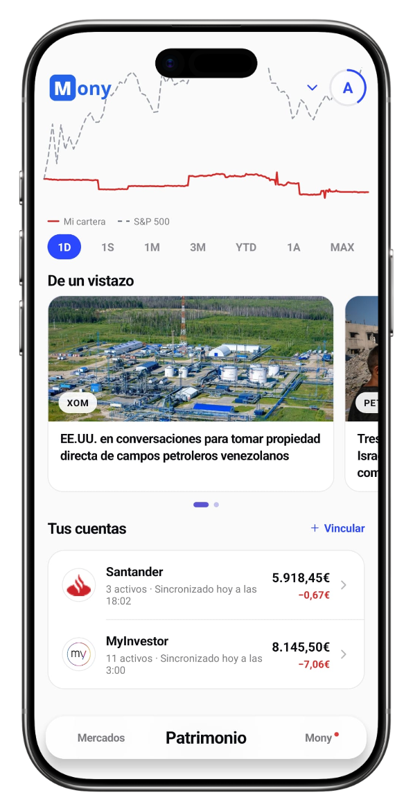 Pantalla de patrimonio: evolución de la cartera y cuentas conectadas