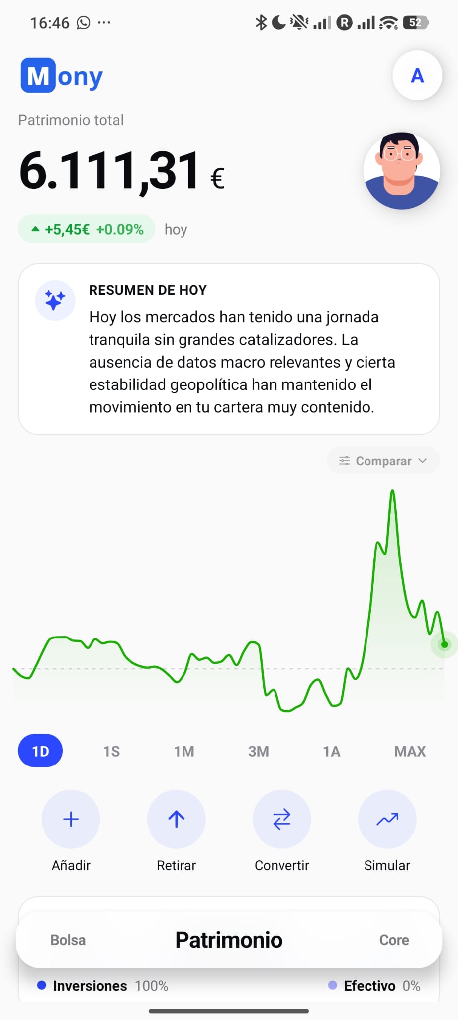 Pantalla de patrimonio total en la app de Mony