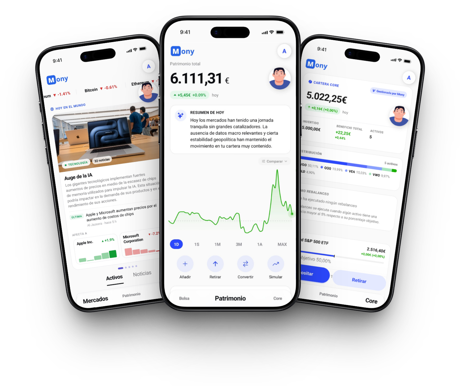 Tres pantallas de la app Mony: patrimonio, mercados y cartera core