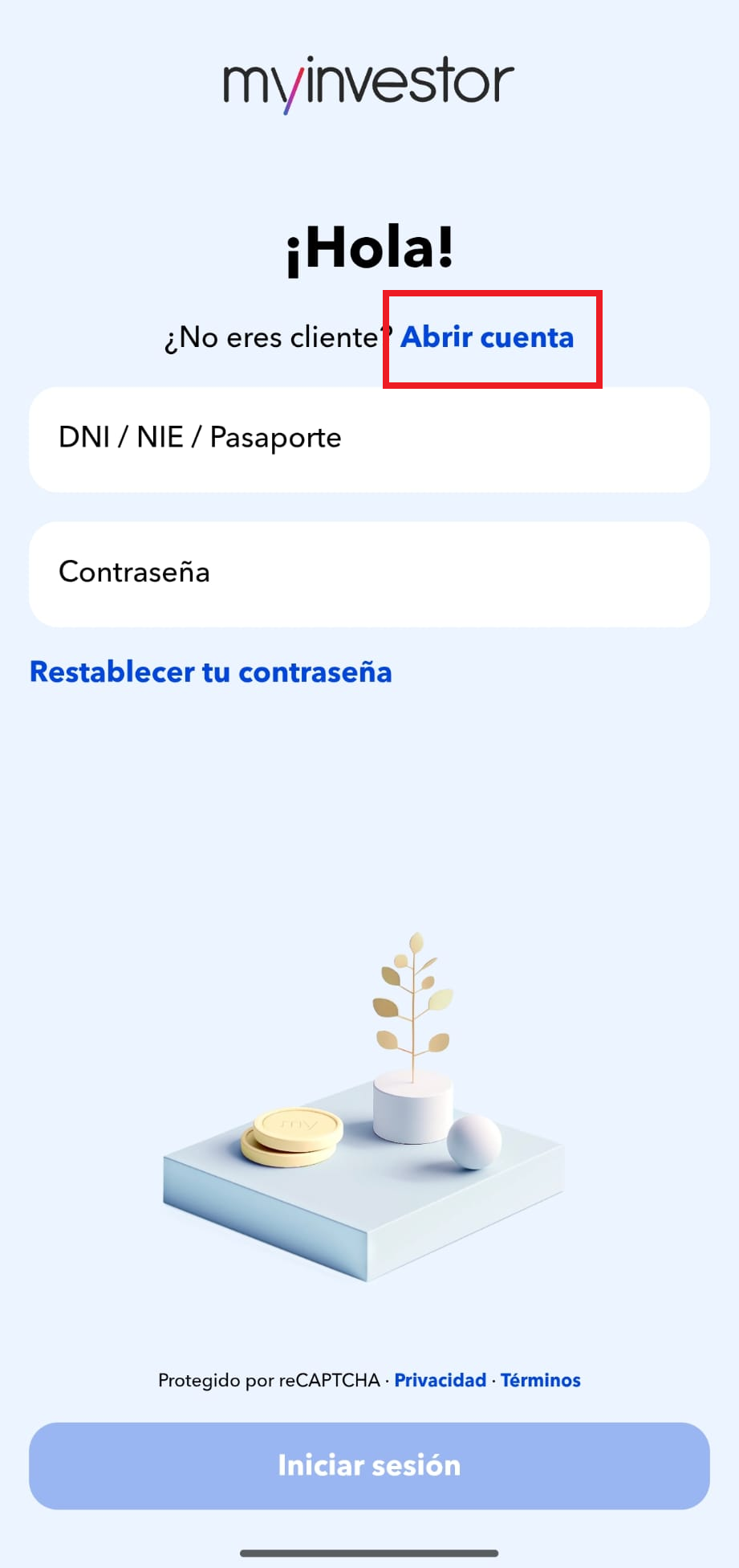 Pantalla de inicio de sesión de MyInvestor con el enlace Abrir cuenta destacado