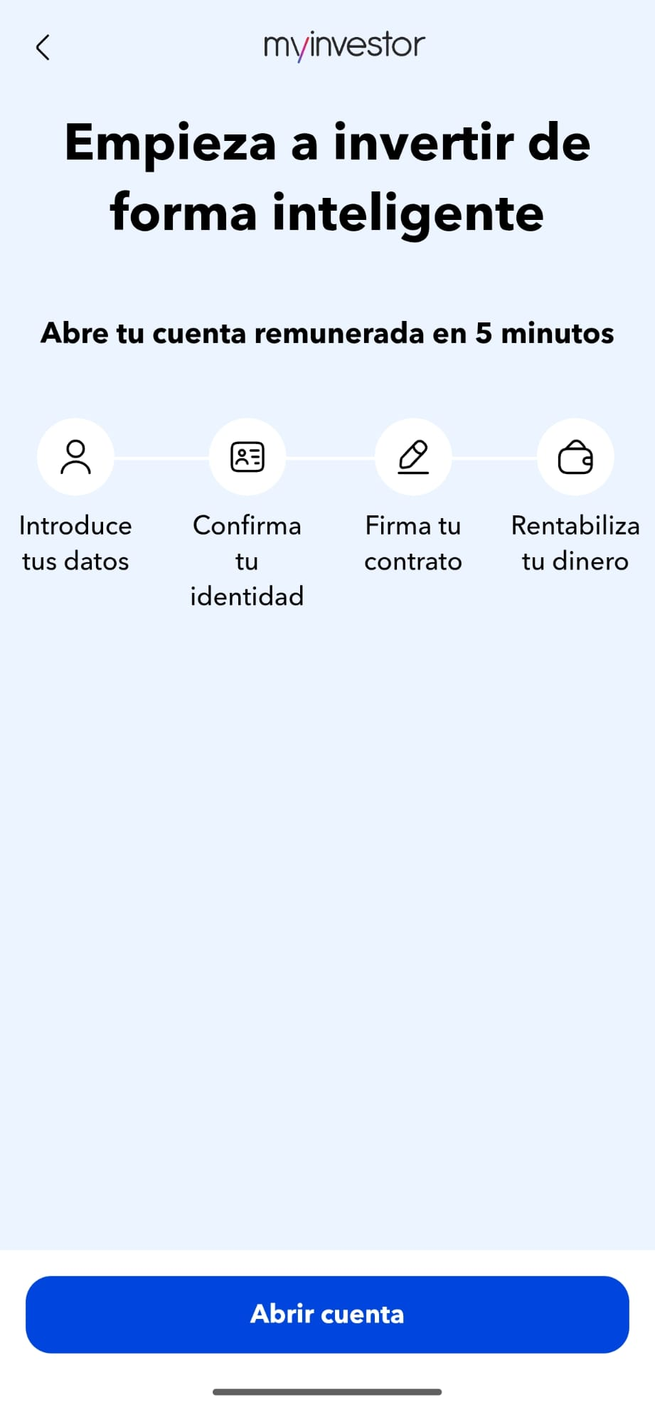 Pantalla que resume las 4 fases para abrir cuenta en MyInvestor