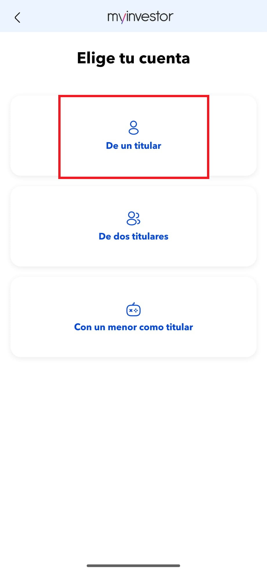 Selector de tipo de cuenta en MyInvestor: de un titular, dos titulares o con un menor