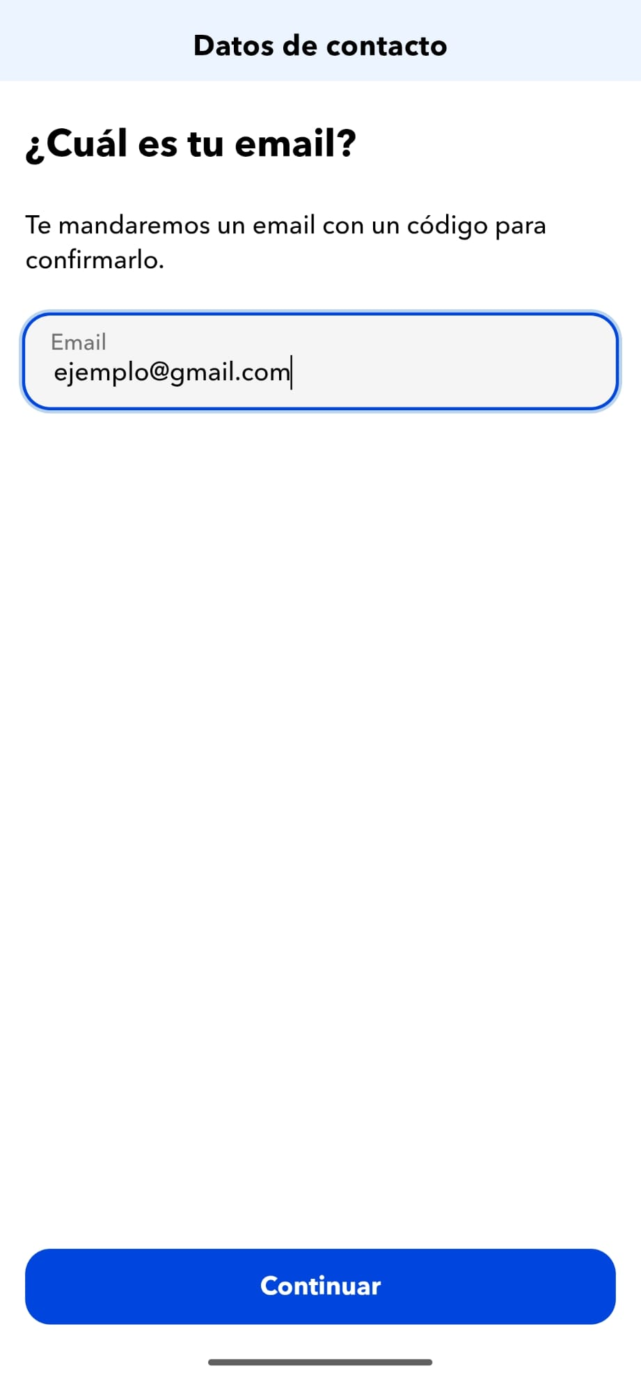 Email introducido en el formulario de registro de MyInvestor antes de continuar