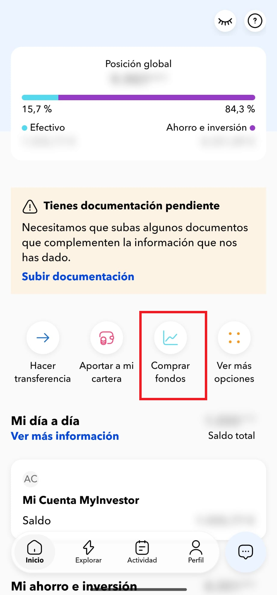 Pantalla de inicio de MyInvestor con el botón Comprar fondos destacado