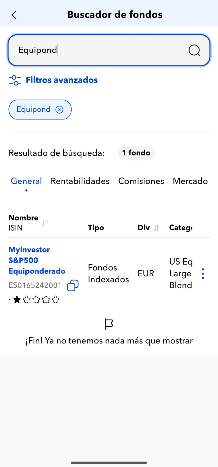 Resultado filtrado en el buscador de fondos de MyInvestor