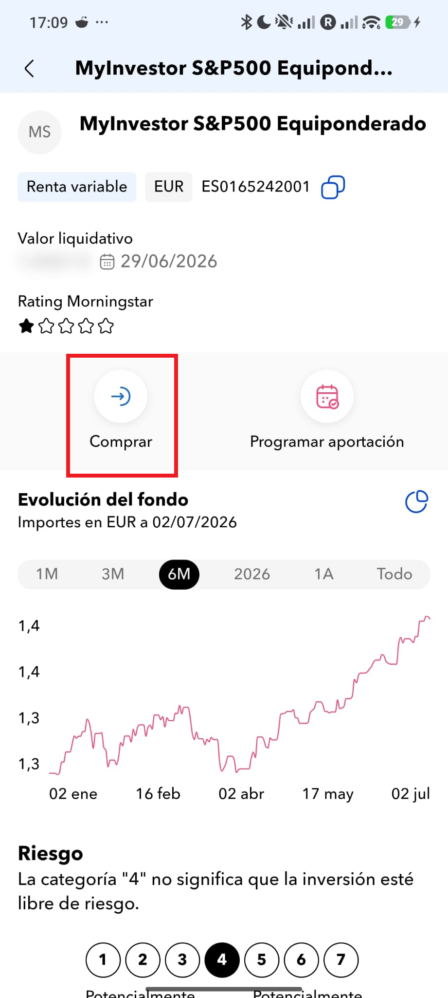 Ficha de un fondo en MyInvestor con el botón Comprar destacado