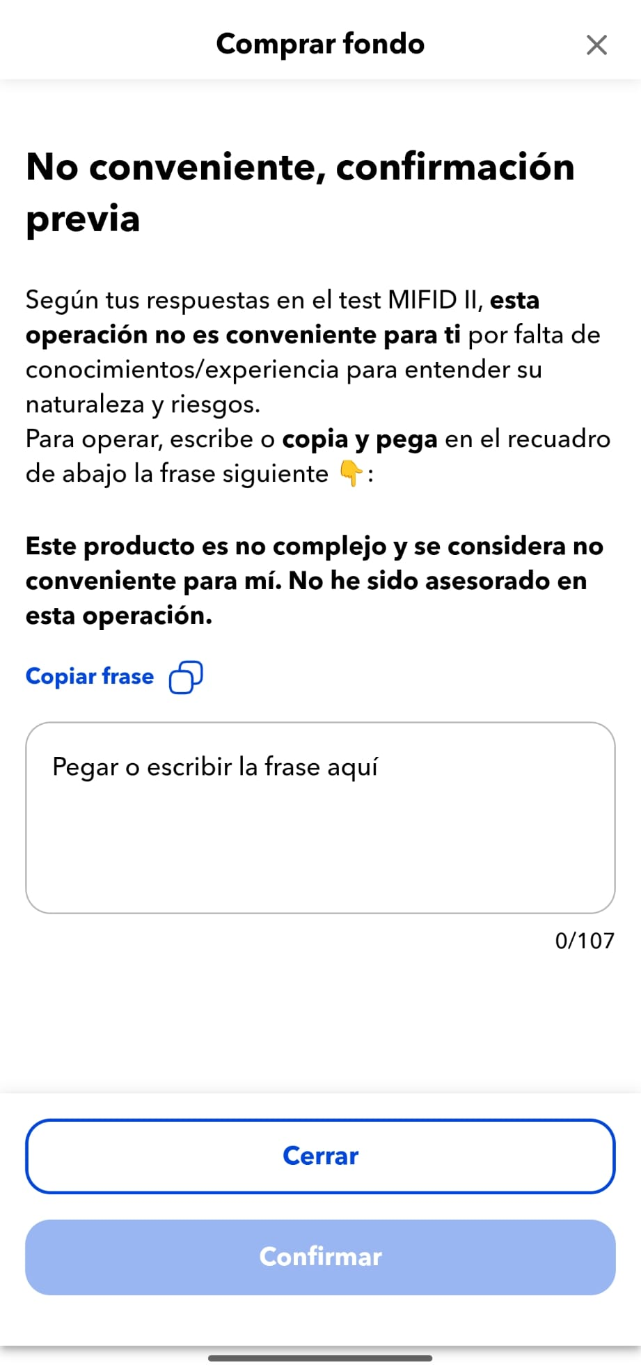 Aviso de conveniencia MiFID II al comprar un fondo en MyInvestor