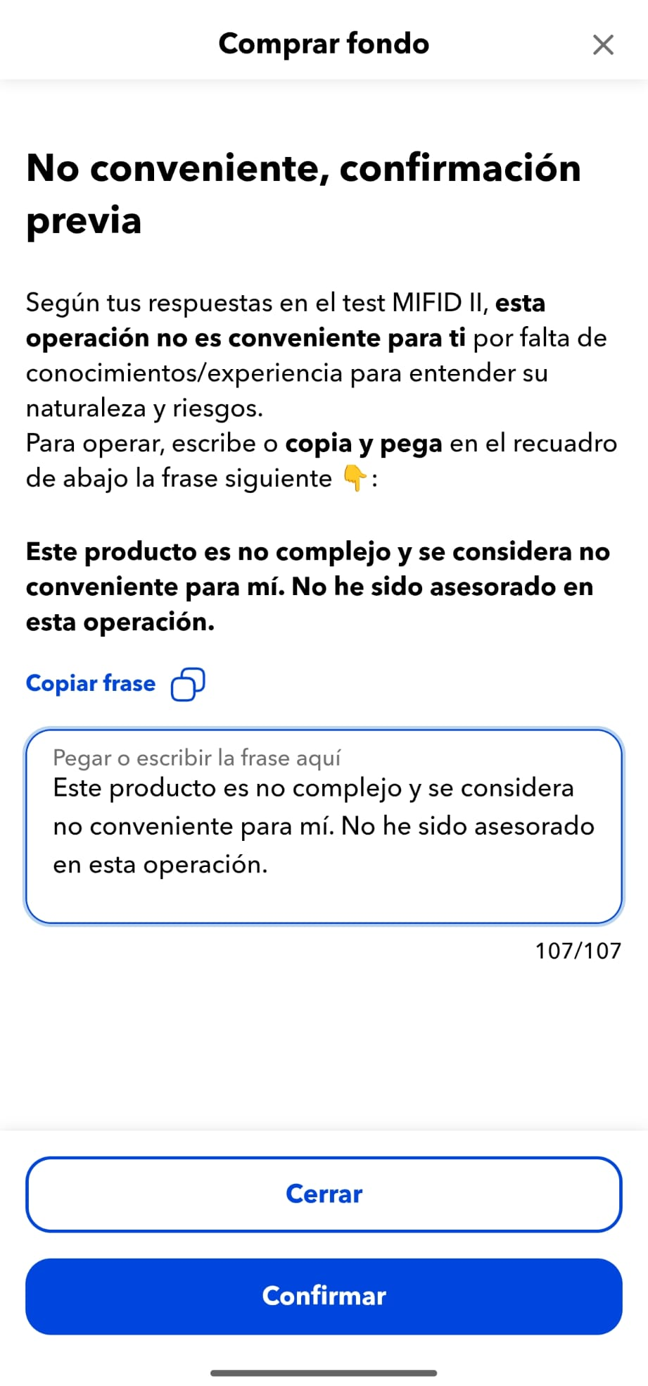 Frase de conveniencia pegada en el formulario de MyInvestor