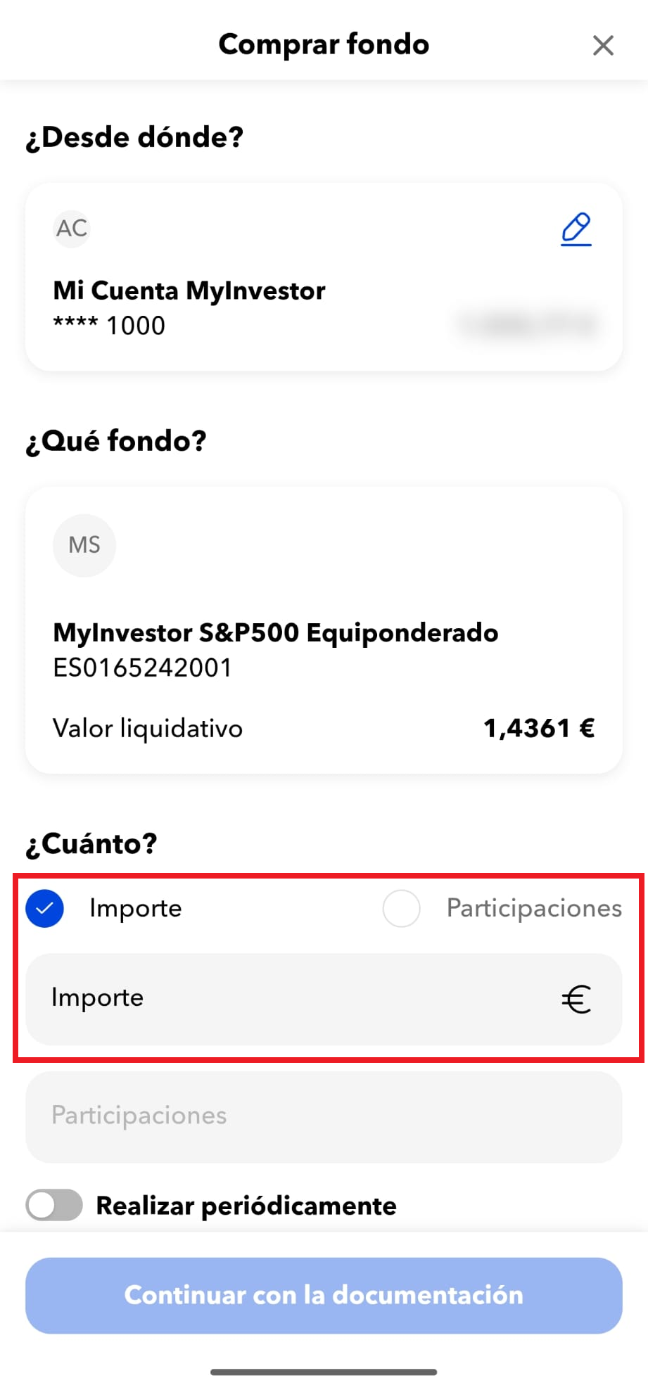 Pantalla para elegir el importe a invertir en MyInvestor