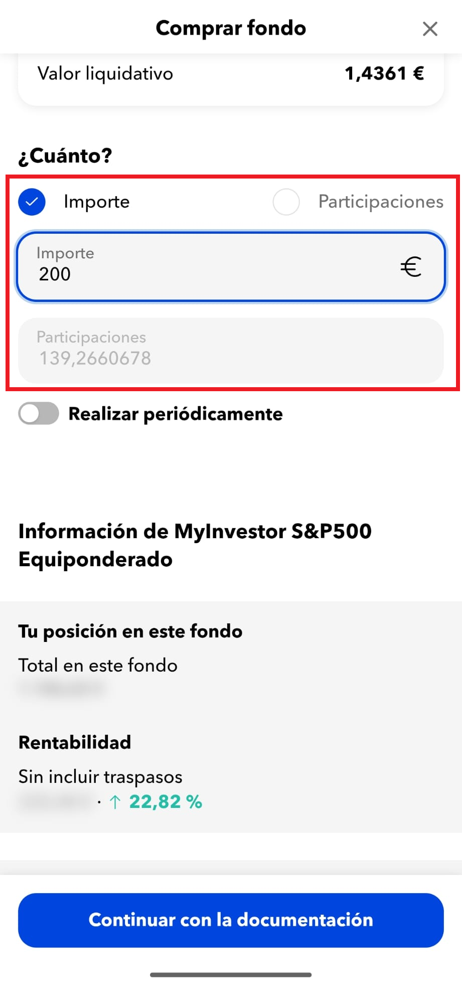 Importe de 200 euros introducido para comprar un fondo en MyInvestor