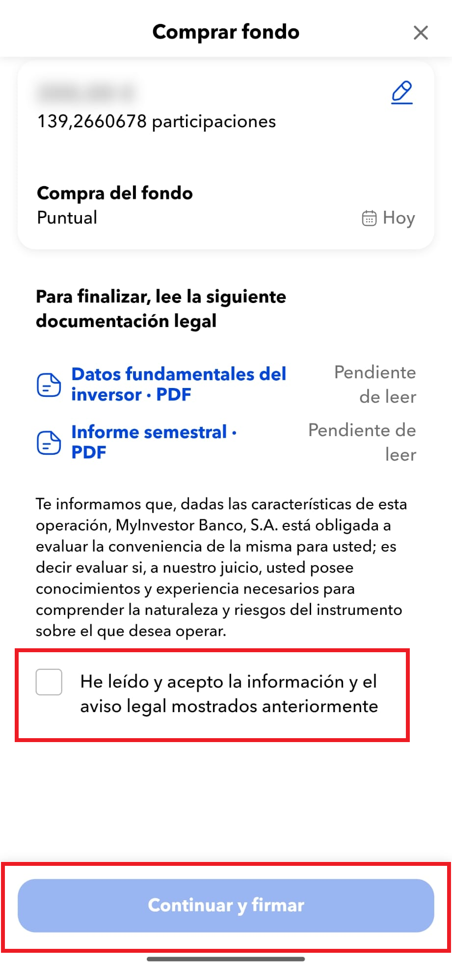 Casilla de aceptación y botón Continuar y firmar para comprar un fondo en MyInvestor