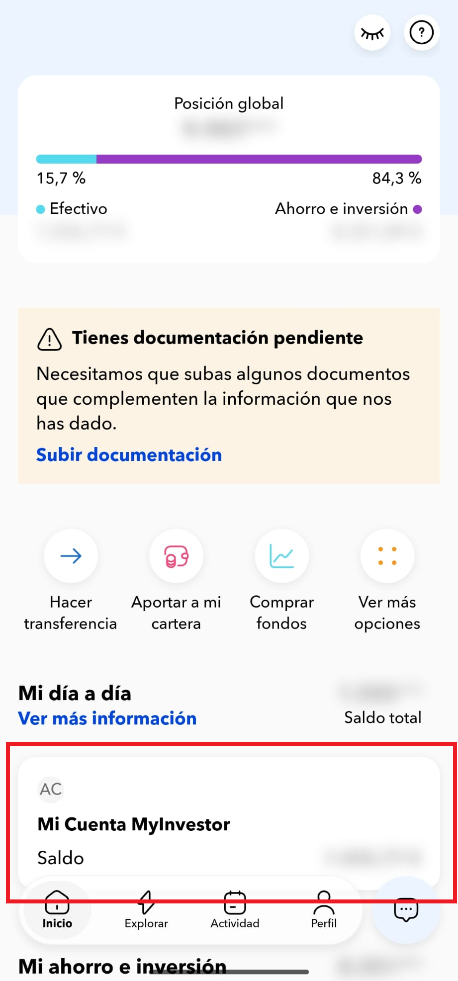 Pantalla de inicio de MyInvestor con la tarjeta de la cuenta destacada