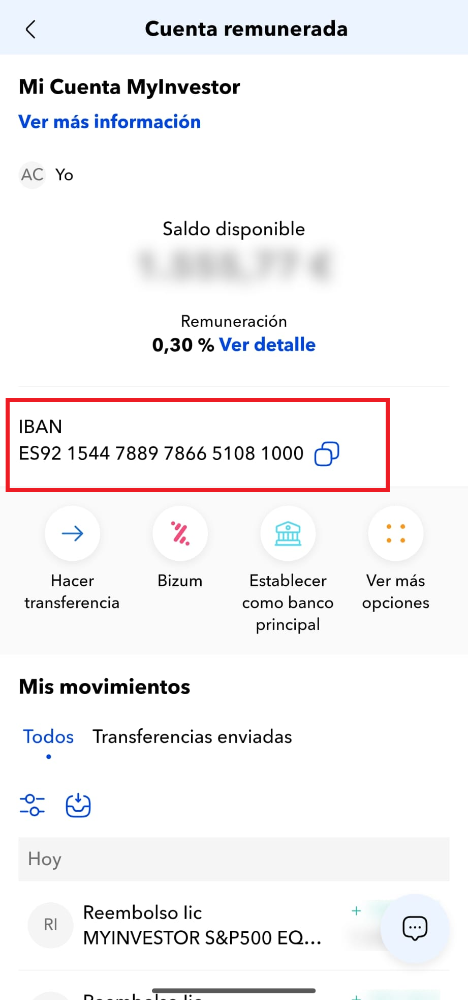 Pantalla de la cuenta remunerada de MyInvestor con el IBAN destacado